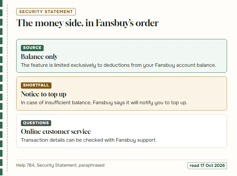 Three cards: balance only, a notice to top up when it is short, customer service for questions
