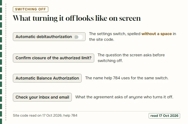 Four interface labels around switching the permission off, including the switch name as spelled in the code