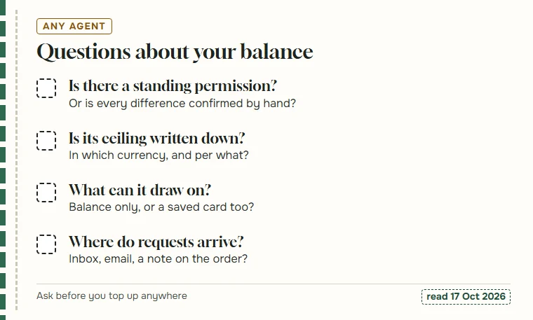 Four dashed boxes listing questions to ask any agent about deductions from a balance