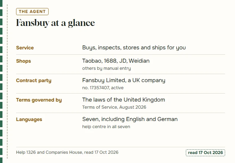 Slip with Fansbuy service, supported shops, contract party, governing law and languages