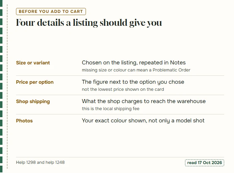 Slip of four listing details to check: variant, price per option, shop shipping, photos