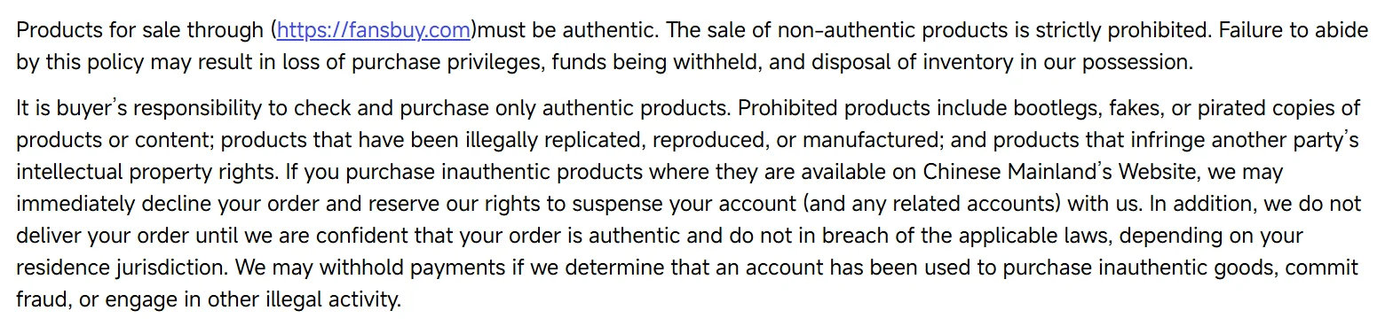 Screenshot of the opening of the Fansbuy Anti-Counterfeiting Policy in the help centre
