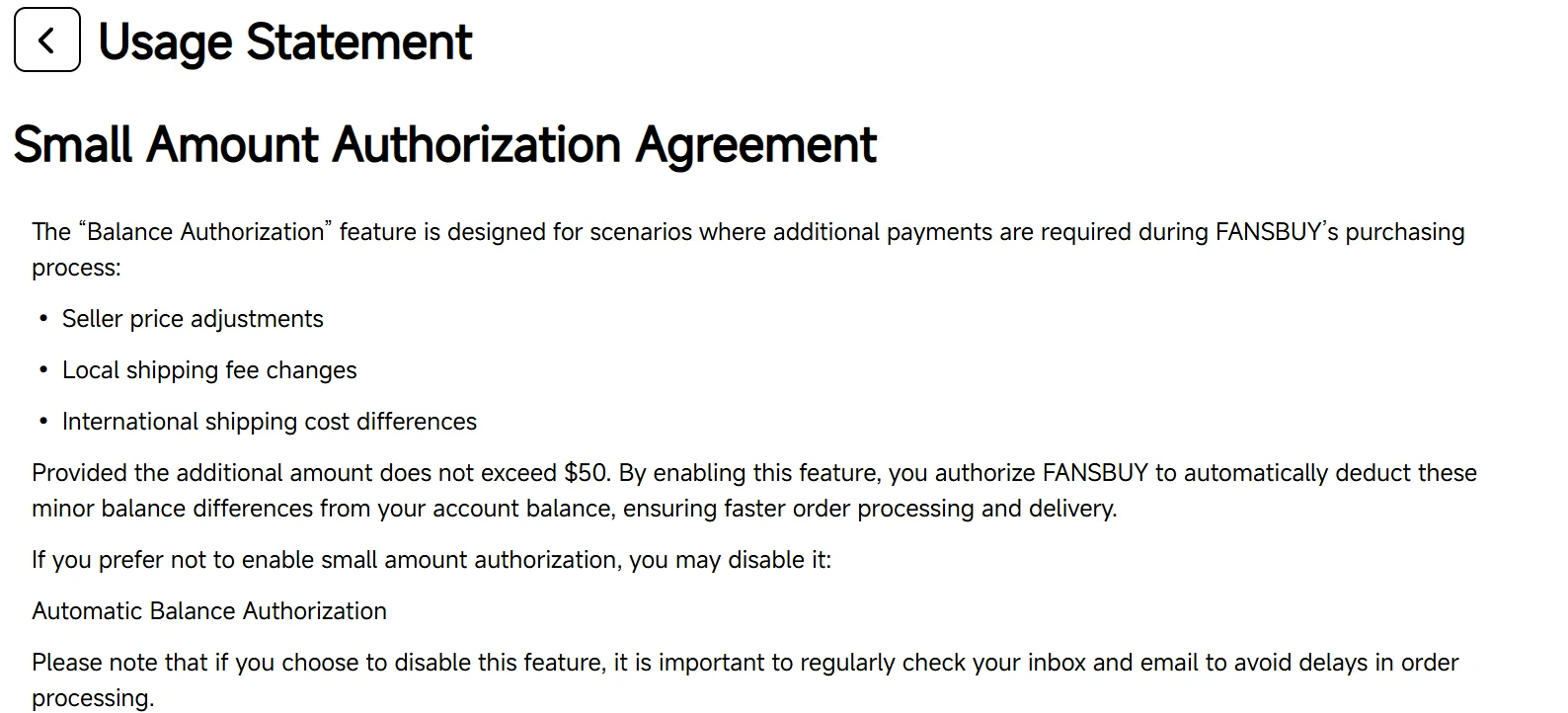 Screenshot of the Fansbuy help centre article Small Amount Authorization Agreement under Usage Statement