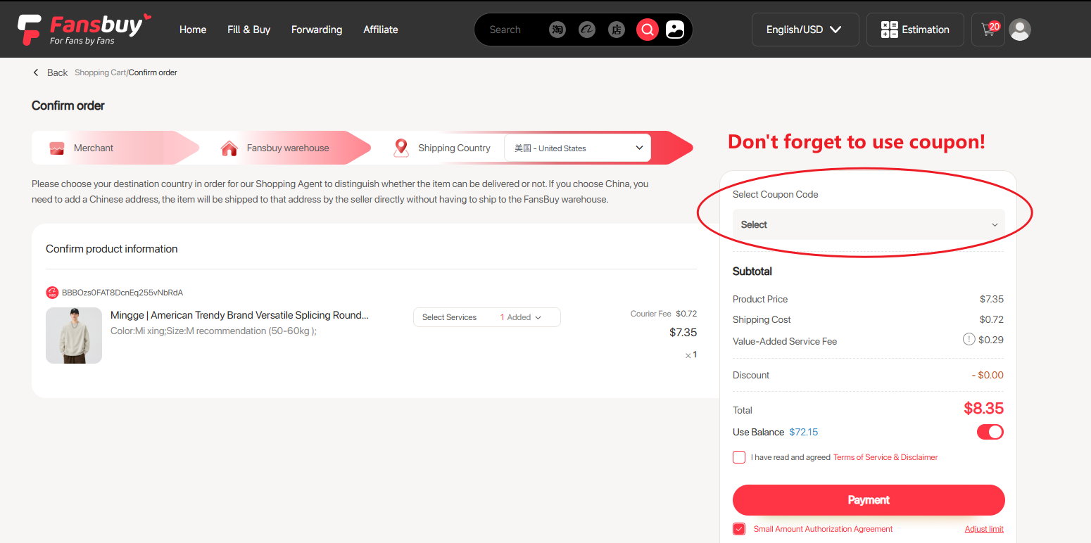 Fansbuy product checkout showing order options