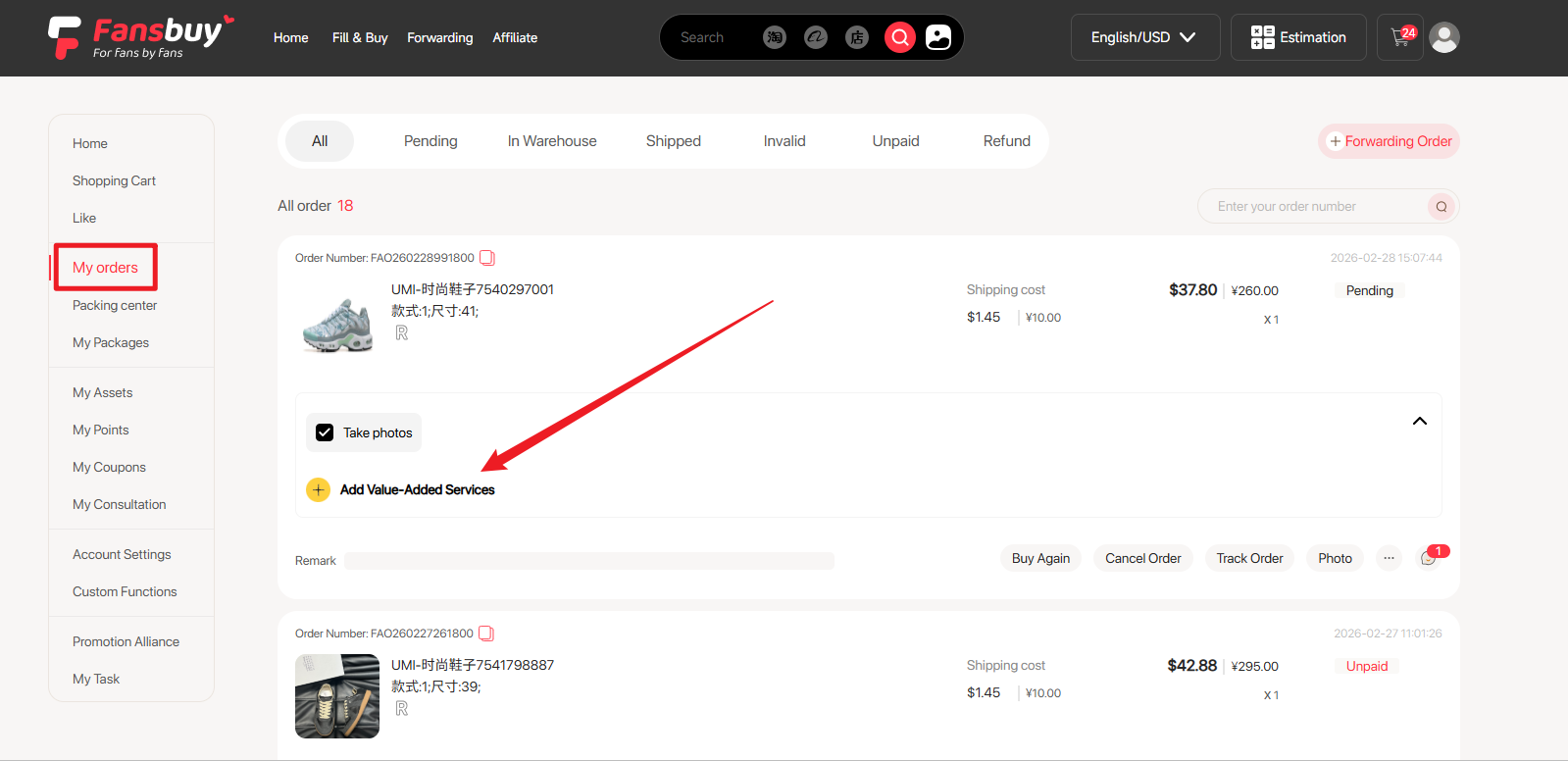 Fansbuy My orders page with Add Value-Added Services