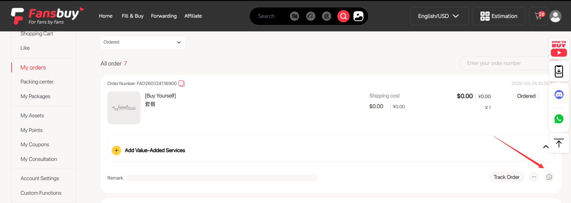 Fansbuy order page pointing to the support-message control