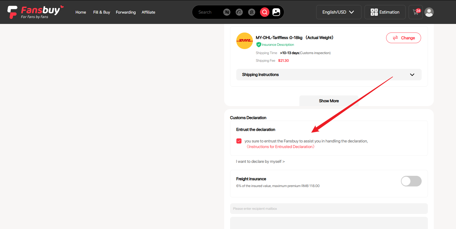Fansbuy parcel page showing declaration and shipping information
