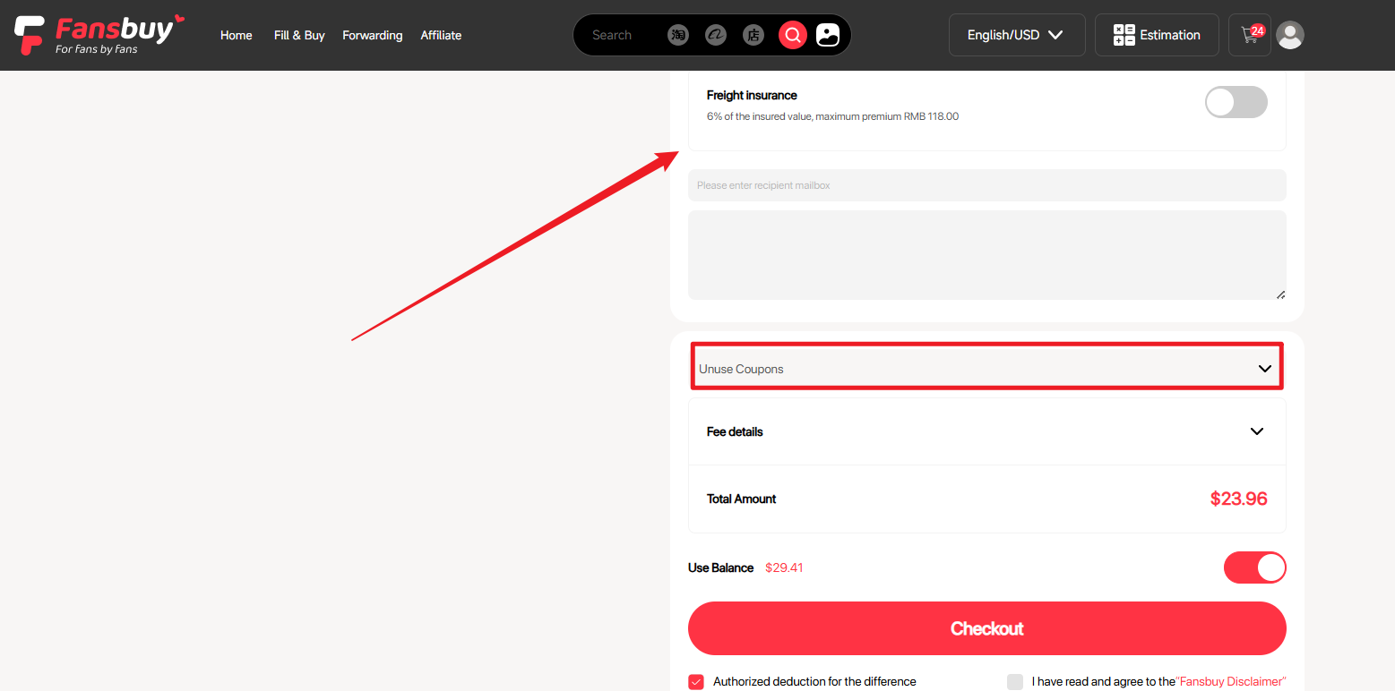 Fansbuy parcel checkout with the authorised-deduction checkbox