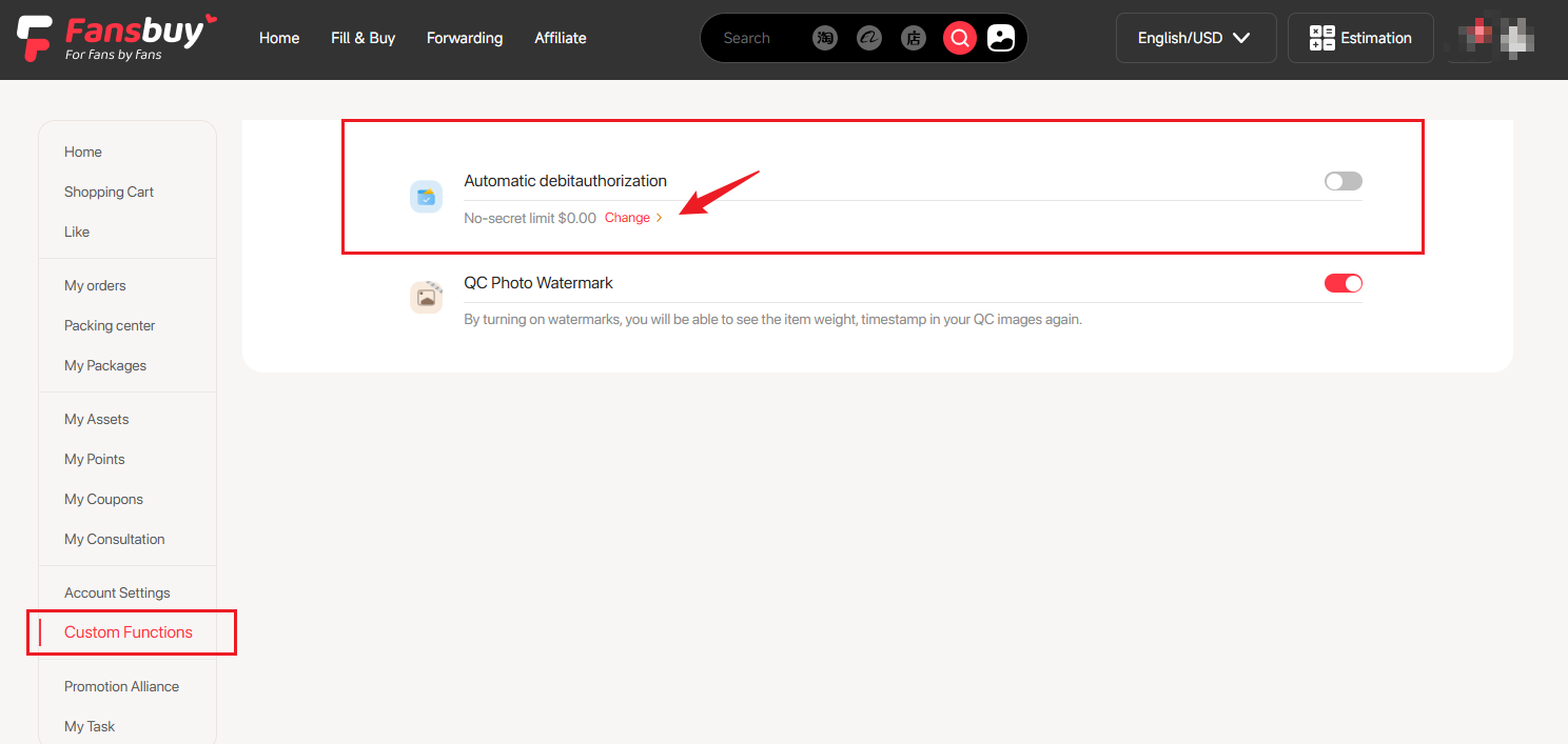 Fansbuy parcel adjustment permission under Custom Functions