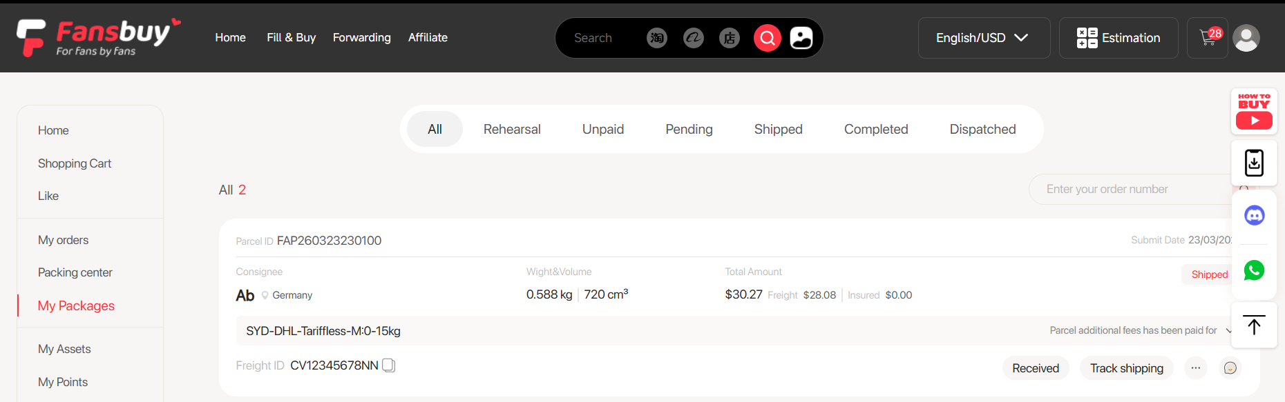 Fansbuy My Packages page with Track shipping and receipt controls